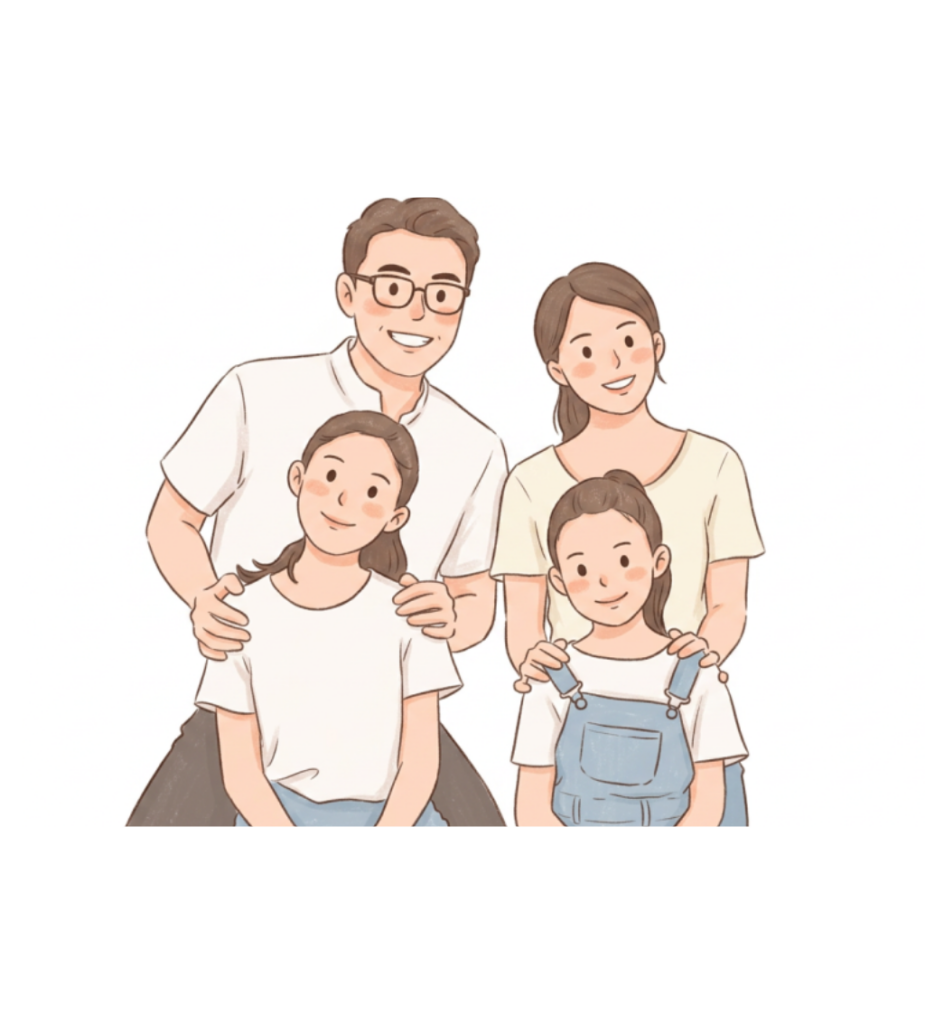 現在の画像に代替テキストがありません。ファイル名: 家族イラスト(2歳の子とご主人)-1.png